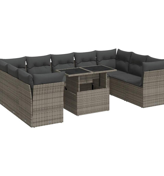 10-tlg. Garten-Sofagarnitur mit Kissen Grau Poly Rattan