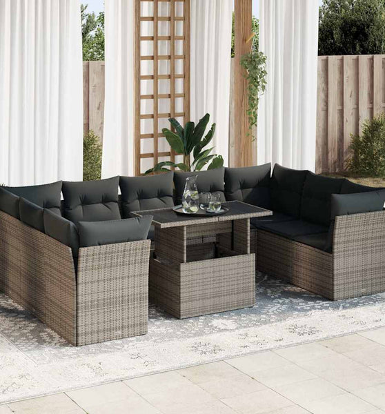 10-tlg. Garten-Sofagarnitur mit Kissen Grau Poly Rattan