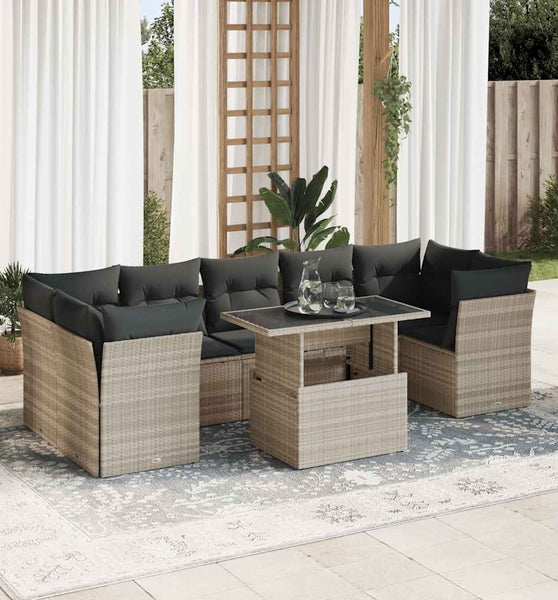 10-tlg. Garten-Sofagarnitur mit Kissen Hellgrau Poly Rattan