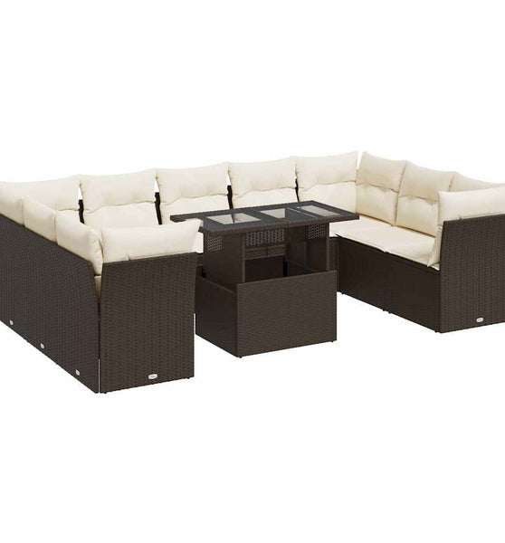 10-tlg. Garten-Sofagarnitur mit Kissen Braun Poly Rattan