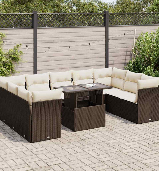 10-tlg. Garten-Sofagarnitur mit Kissen Braun Poly Rattan