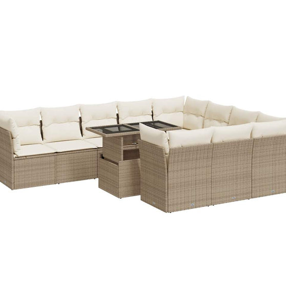 11-tlg. Garten-Sofagarnitur mit Kissen Beige Poly Rattan