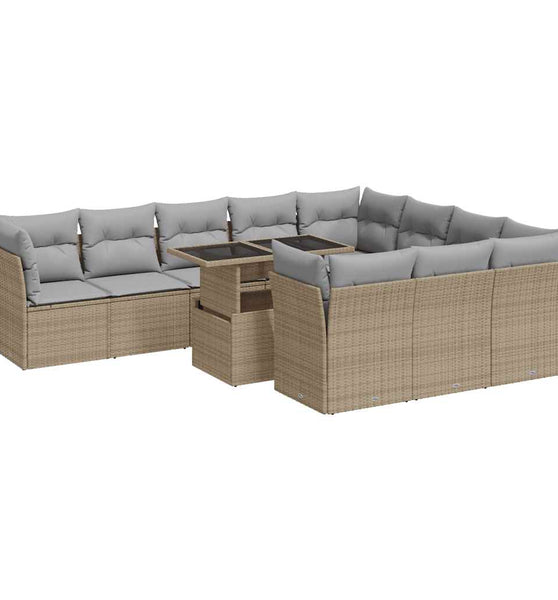 11-tlg. Garten-Sofagarnitur mit Kissen Beige Poly Rattan