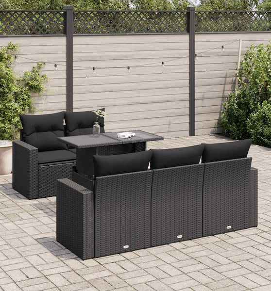 6-tlg. Garten-Sofagarnitur mit Kissen Schwarz Poly Rattan