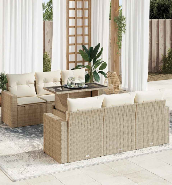 7-tlg. Garten-Sofagarnitur mit Kissen Beige Poly Rattan