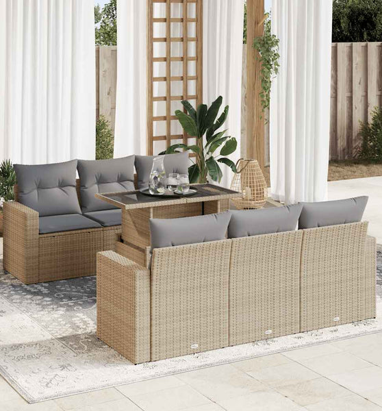 7-tlg. Garten-Sofagarnitur mit Kissen Beige Poly Rattan