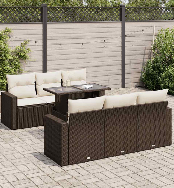 7-tlg. Garten-Sofagarnitur mit Kissen Braun Poly Rattan