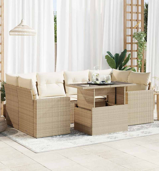 7-tlg. Garten-Sofagarnitur mit Kissen Beige Poly Rattan