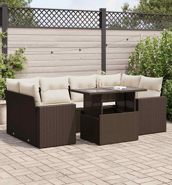 7-tlg. Garten-Sofagarnitur mit Kissen Braun Poly Rattan