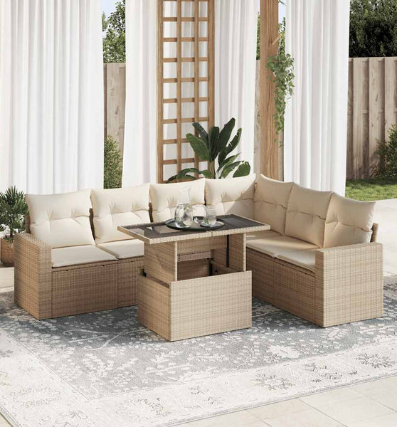 7-tlg. Garten-Sofagarnitur mit Kissen Beige Poly Rattan