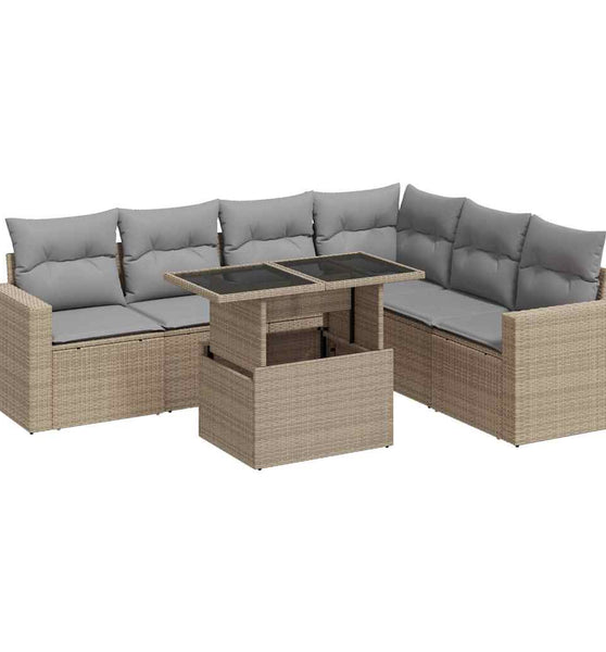 7-tlg. Garten-Sofagarnitur mit Kissen Beige Poly Rattan