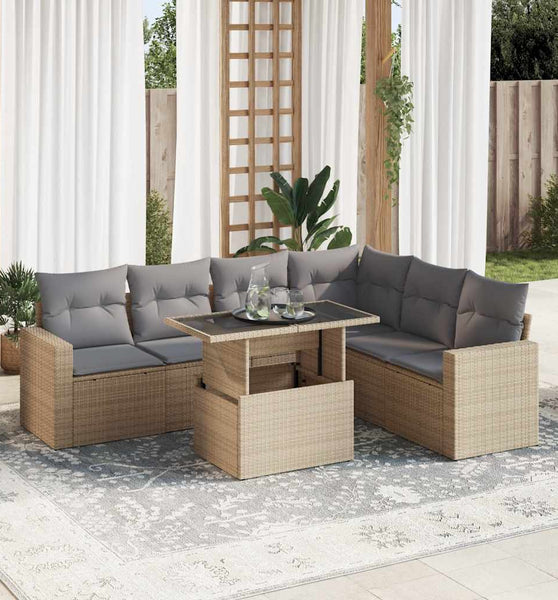 7-tlg. Garten-Sofagarnitur mit Kissen Beige Poly Rattan