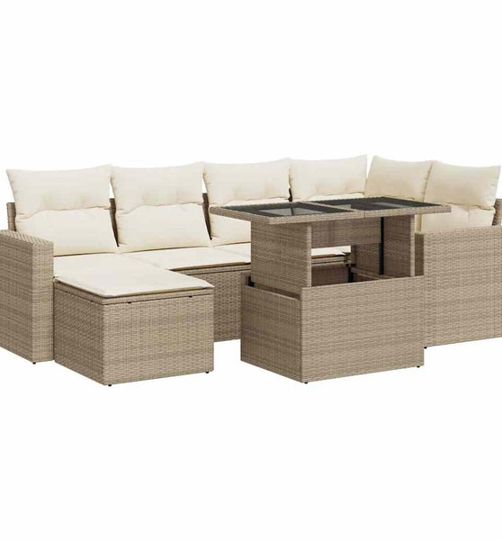 7-tlg. Garten-Sofagarnitur mit Kissen Beige Poly Rattan