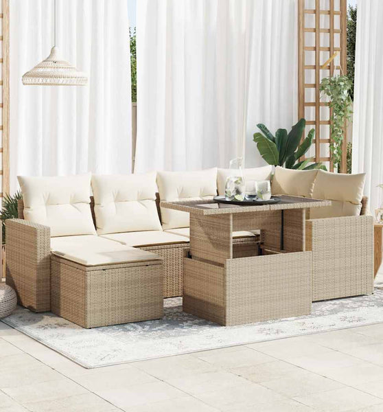 7-tlg. Garten-Sofagarnitur mit Kissen Beige Poly Rattan