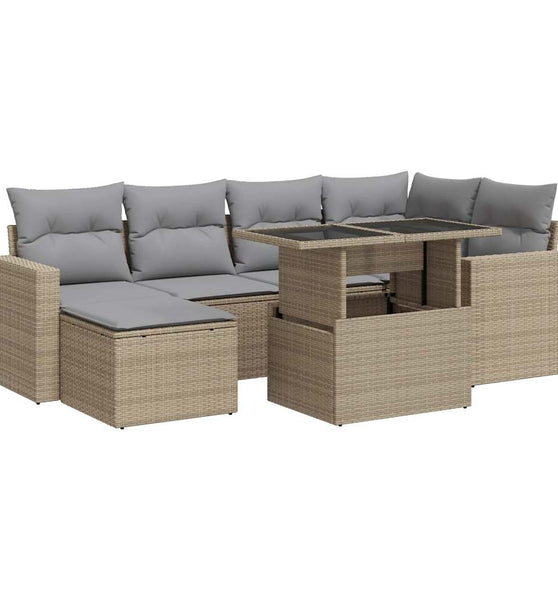 7-tlg. Garten-Sofagarnitur mit Kissen Beige Poly Rattan