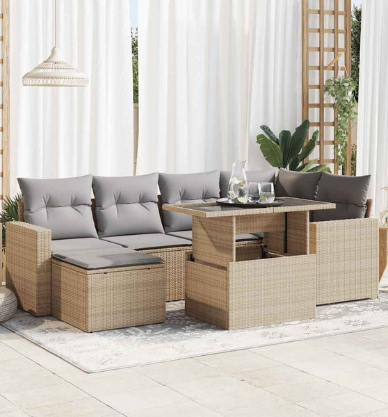 7-tlg. Garten-Sofagarnitur mit Kissen Beige Poly Rattan