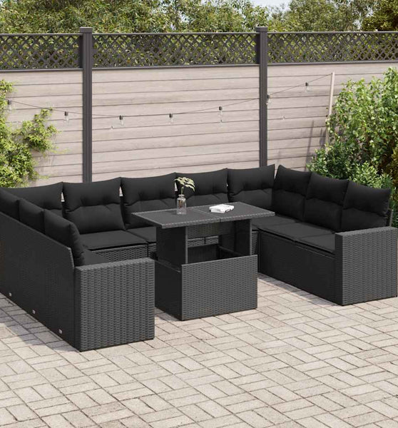 10-tlg. Garten-Sofagarnitur mit Kissen Schwarz Poly Rattan
