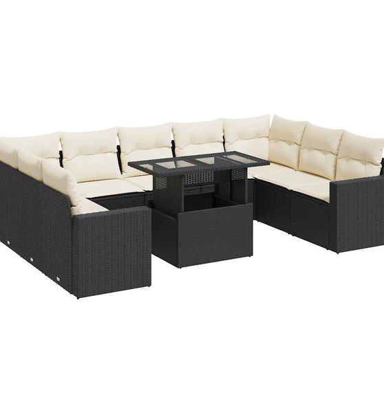 10-tlg. Garten-Sofagarnitur mit Kissen Schwarz Poly Rattan