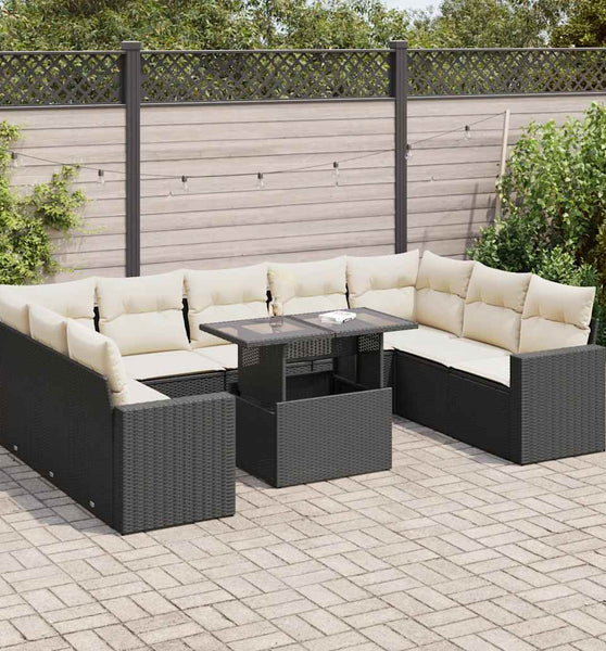 10-tlg. Garten-Sofagarnitur mit Kissen Schwarz Poly Rattan