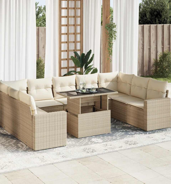 10-tlg. Garten-Sofagarnitur mit Kissen Beige Poly Rattan