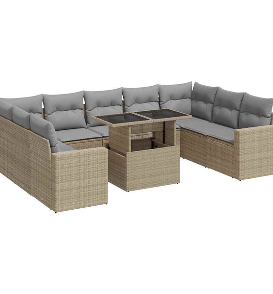 10-tlg. Garten-Sofagarnitur mit Kissen Beige Poly Rattan
