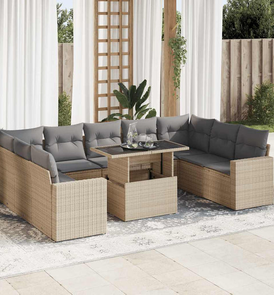 10-tlg. Garten-Sofagarnitur mit Kissen Beige Poly Rattan