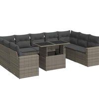 10-tlg. Garten-Sofagarnitur mit Kissen Grau Poly Rattan