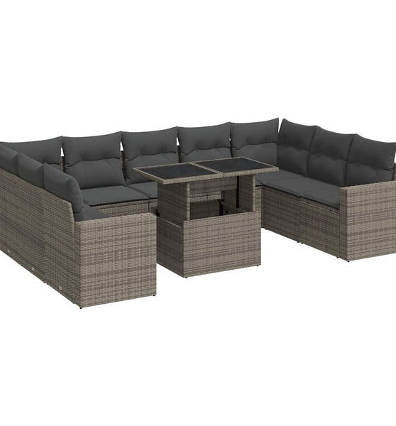 10-tlg. Garten-Sofagarnitur mit Kissen Grau Poly Rattan