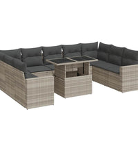 10-tlg. Garten-Sofagarnitur mit Kissen Hellgrau Poly Rattan