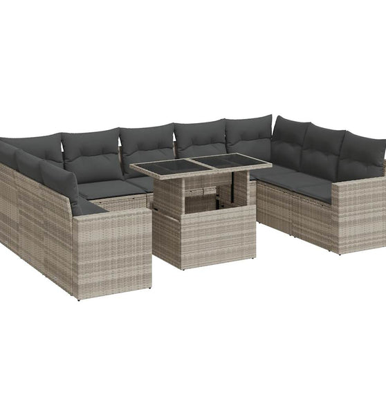 10-tlg. Garten-Sofagarnitur mit Kissen Hellgrau Poly Rattan