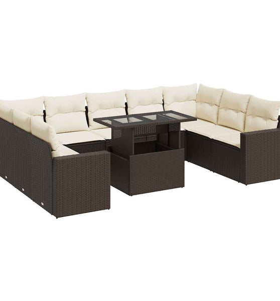10-tlg. Garten-Sofagarnitur mit Kissen Braun Poly Rattan