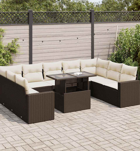 10-tlg. Garten-Sofagarnitur mit Kissen Braun Poly Rattan