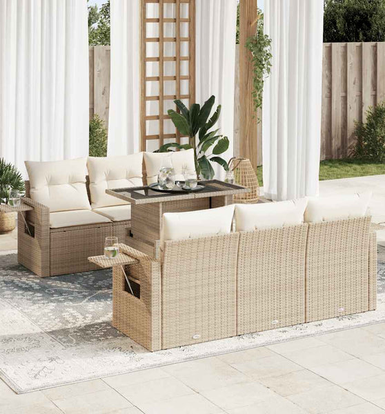 7-tlg. Garten-Sofagarnitur mit Kissen Beige Poly Rattan