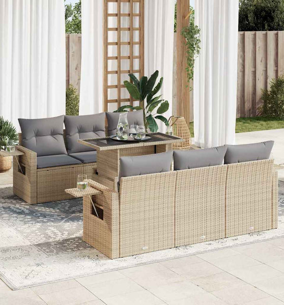 7-tlg. Garten-Sofagarnitur mit Kissen Beige Poly Rattan
