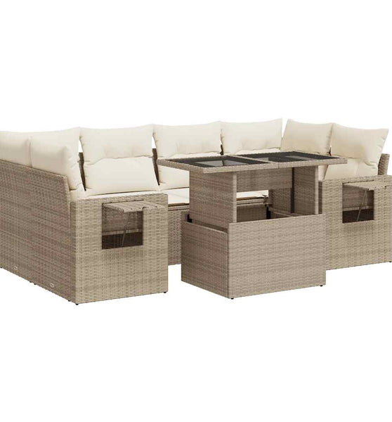 7-tlg. Garten-Sofagarnitur mit Kissen Beige Poly Rattan