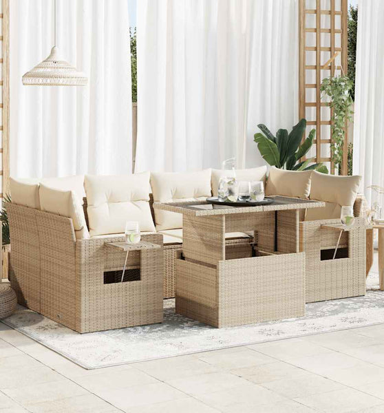 7-tlg. Garten-Sofagarnitur mit Kissen Beige Poly Rattan