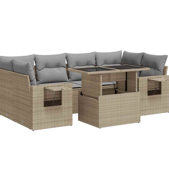7-tlg. Garten-Sofagarnitur mit Kissen Beige Poly Rattan