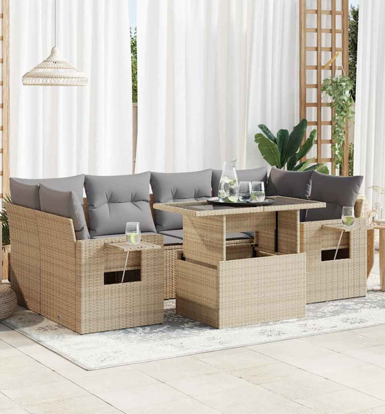 7-tlg. Garten-Sofagarnitur mit Kissen Beige Poly Rattan