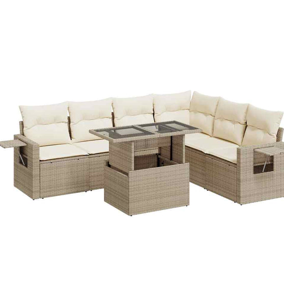 7-tlg. Garten-Sofagarnitur mit Kissen Beige Poly Rattan