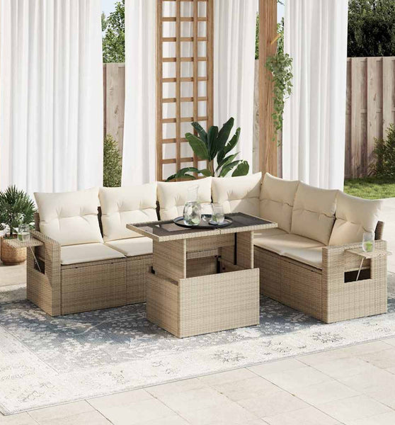 7-tlg. Garten-Sofagarnitur mit Kissen Beige Poly Rattan