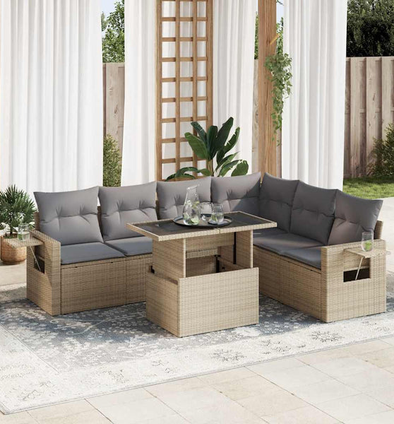 7-tlg. Garten-Sofagarnitur mit Kissen Beige Poly Rattan