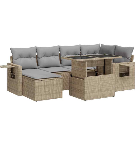 7-tlg. Garten-Sofagarnitur mit Kissen Beige Poly Rattan