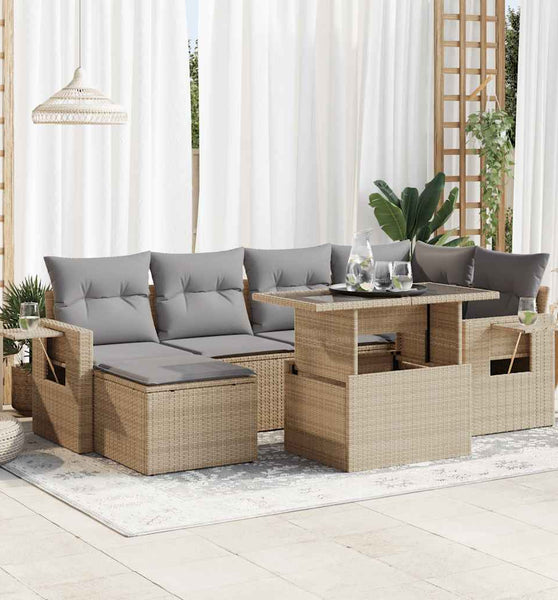 7-tlg. Garten-Sofagarnitur mit Kissen Beige Poly Rattan