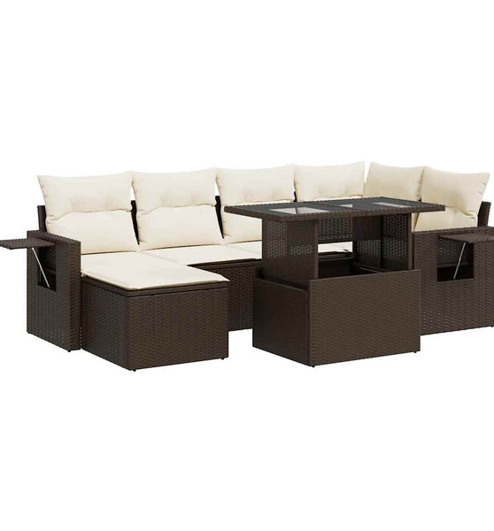 7-tlg. Garten-Sofagarnitur mit Kissen Braun Poly Rattan