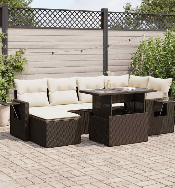 7-tlg. Garten-Sofagarnitur mit Kissen Braun Poly Rattan