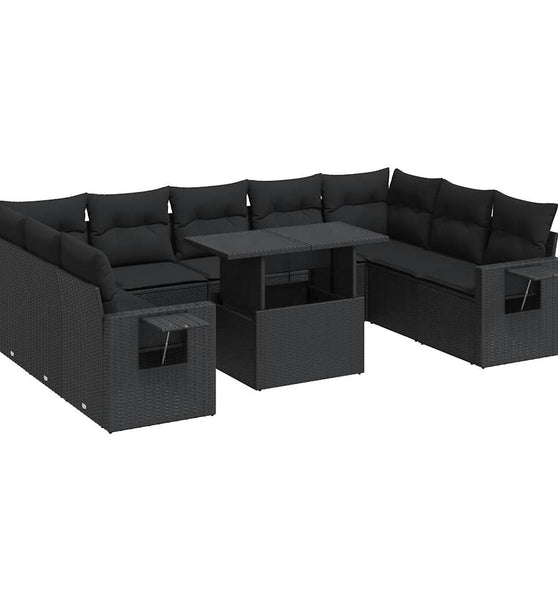 10-tlg. Garten-Sofagarnitur mit Kissen Schwarz Poly Rattan