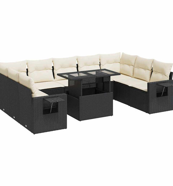 10-tlg. Garten-Sofagarnitur mit Kissen Schwarz Poly Rattan