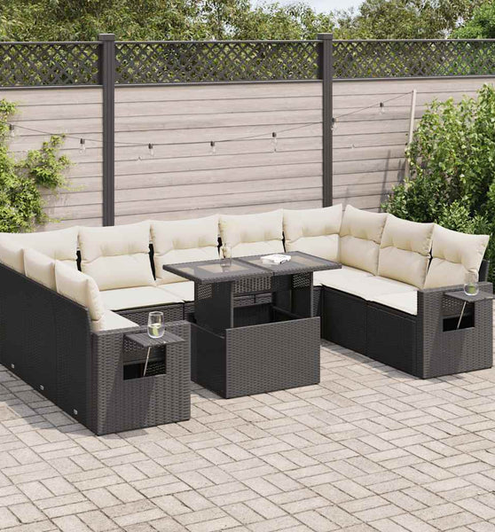 10-tlg. Garten-Sofagarnitur mit Kissen Schwarz Poly Rattan
