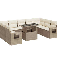 10-tlg. Garten-Sofagarnitur mit Kissen Beige Poly Rattan
