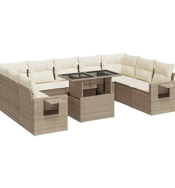 10-tlg. Garten-Sofagarnitur mit Kissen Beige Poly Rattan